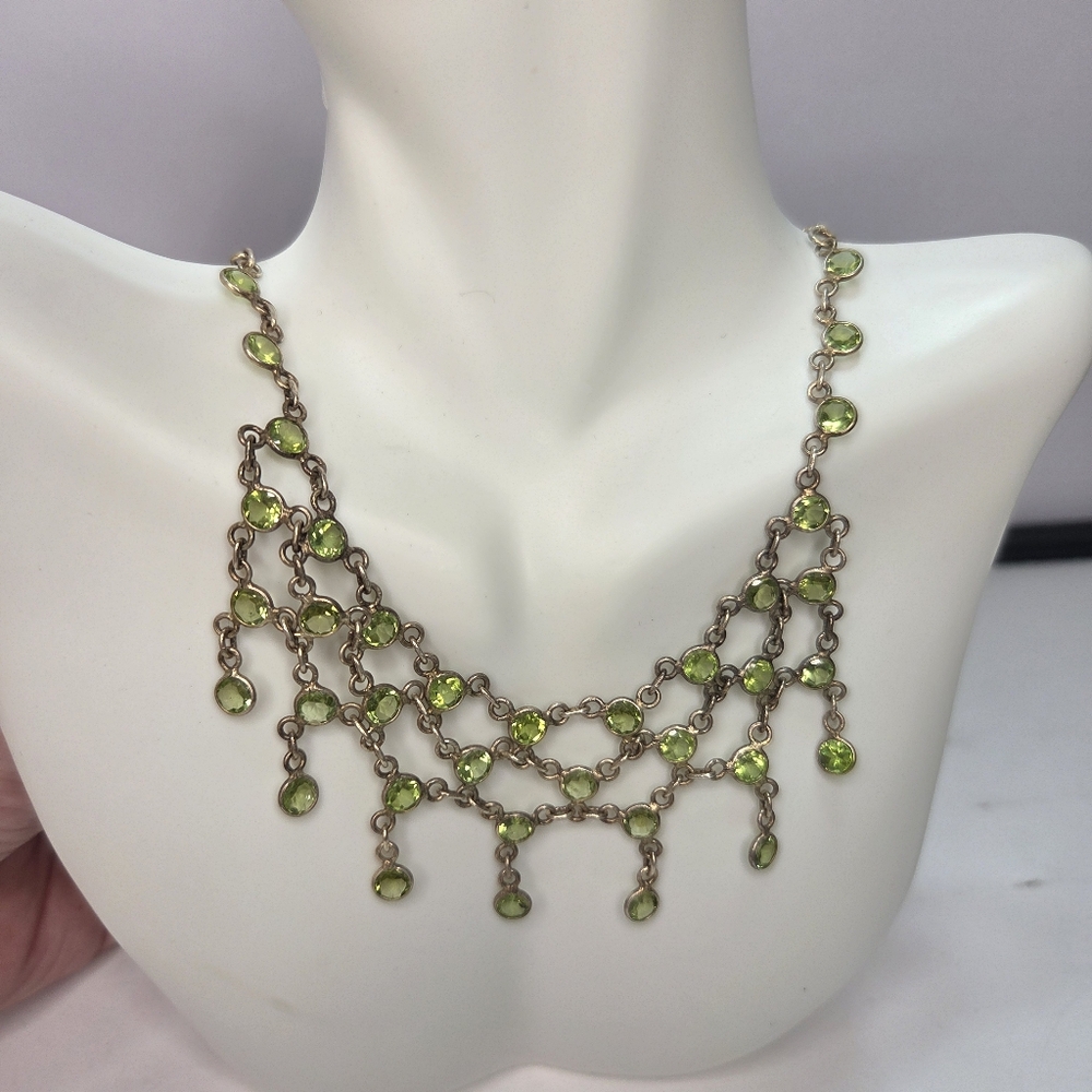 Vtg sterling silver green peridot bib mesh netting Elegant statement necklace